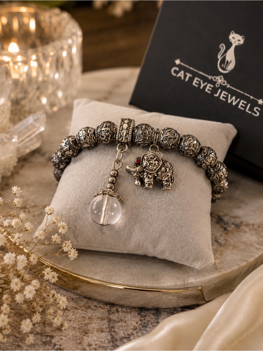 Tibetan Silver Elephant Charm Bracelet | Quartz Accent | Unisex Spiritual